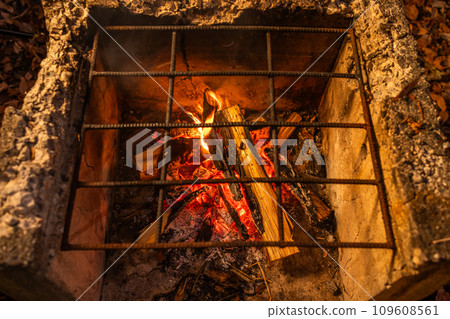 Fire in the fireplace deep in the forest Fire in the fireplace deep in the forest 109608561