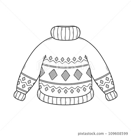 Hand drawn warm, cozy knitted sweater. Icon in doodle sketch style. Vector illustration isolated on white background. Hand drawn warm, cozy knitted sweater. Icon in doodle sketch style. Vector illustration isolated on white background. 109608599