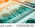 American currency. Close-up of one hundred dollar bills. Paper banknotes. 109608640