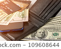 Phone, wallet with money and credit cards, close-up. 109608644