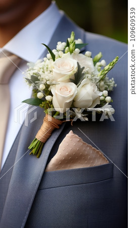 AI-generated content. Groom with a boutonniere close-up 109609539