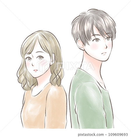 一個男人和一個女人背靠背站著，互相關心 109609693