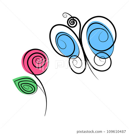 Stylized butterfly and rosebud with spots in trendy marker hues. Set of 2 abstract elements for card Stylized butterfly and rosebud with spots in trendy marker hues. Set of 2 abstract elements for card 109610487