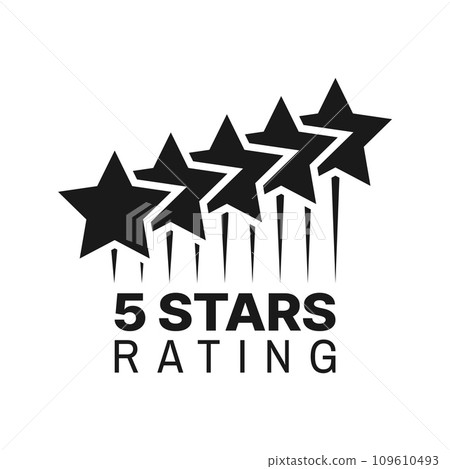 Five star rating symbol, best award monochrome icon. Goods review grade, premium quality symbol or customer satisfaction feedback vector icon. Client opinion survey label or sign with five stars 109610493