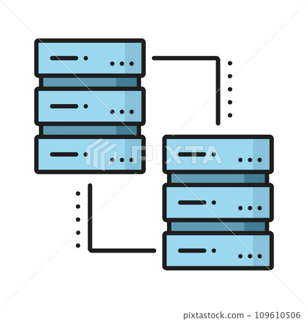 Database network server and cloud storage color line vector icon of internet technology. Data server pictogram of backup storage and database exchange, digital information and files transfer line icon Database network server and cloud storage color line vector icon of internet technology. Data server pictogram of backup storage and database exchange, digital information and files transfer line icon 109610506