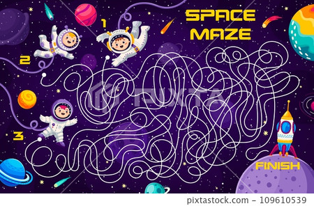 Help to astronauts find spaceship in labyrinth maze, vector quiz game for kids. Help kid spaceman find way to space rocket on galaxy planet with tangled path on cartoon labyrinth maze worksheet Help to astronauts find spaceship in labyrinth maze, vector quiz game for kids. Help kid spaceman find way to space rocket on galaxy planet with tangled path on cartoon labyrinth maze worksheet 109610539
