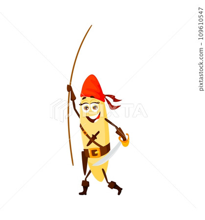 Cartoon orzo italian pasta pirate and corsair character balancing on a rope, wielding a saber with confidence, ready for swashbuckling adventures on the high seas. Isolated vector daring noodle rover 109610547