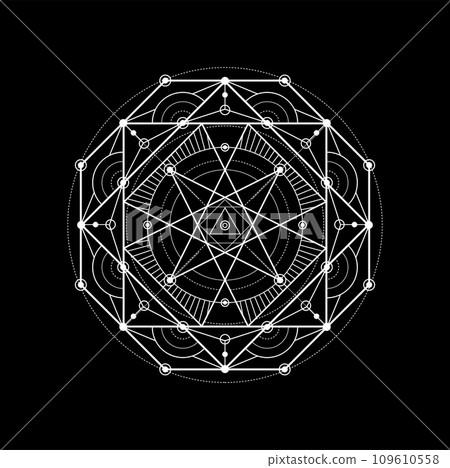 Sacred geometry, meditation esoteric tattoo. Alchemy spiritual pentagram. Yoga, spirituality mystic icon, mason occult mystery outline vector line pattern or illuminati geometric ornament sign Sacred geometry, meditation esoteric tattoo. Alchemy spiritual pentagram. Yoga, spirituality mystic icon, mason occult mystery outline vector line pattern or illuminati geometric ornament sign 109610558