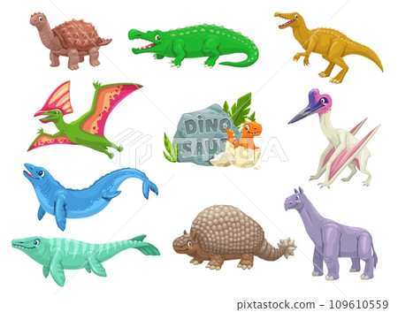 Cartoon dinosaurs animal comical characters. Extinct animal, paleontology reptile or cute vector personages. Carbonemys, Sarcosuchus, Baryonyx and Tapejara, Basilosaurus, Mosasaurus funny dinosaurs 109610559
