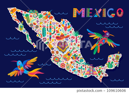 Mexican map silhouette with national symbols and tropical plants. Vector cartography contour filled with sombrero, poncho, cacti and humming-bird, maracas, turtle and tex mex food, pepper or tequila 109610606
