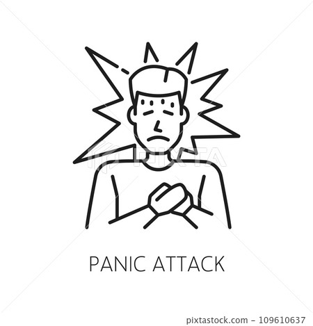 Panic attack. Psychological disorder problem, mental health icon. Cognitive disorder or mental health symbol, psychotherapy or human psychology problem line vector sign with man feeling pain in heart Panic attack. Psychological disorder problem, mental health icon. Cognitive disorder or mental health symbol, psychotherapy or human psychology problem line vector sign with man feeling pain in heart 109610637