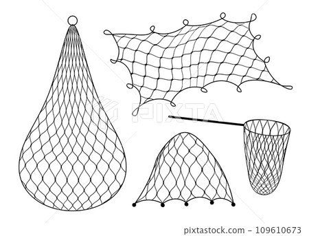Gillnet or gill and fish trap, bottom net of fishing and fishery industry, vector icons. Fishnet or fisher net trap for angling or hunting, fisherman hoop net or gill and fish cage catcher 109610673