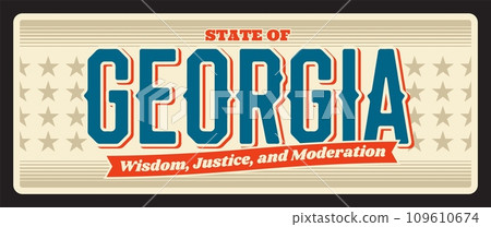 Georgia vintage travel plate, retro signboard, touristic landmark plaque. Vector sign for travel destination. Retro board with wisdom, justice, moderation lettering, antique signboard Georgia vintage travel plate, retro signboard, touristic landmark plaque. Vector sign for travel destination. Retro board with wisdom, justice, moderation lettering, antique signboard 109610674