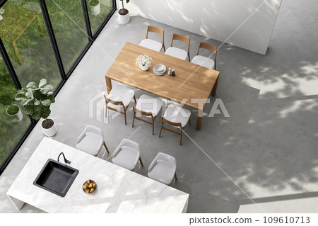 Top view of minimal loft style dining and kitchen with nature view 3d render Top view of minimal loft style dining and kitchen with nature view 3d render 109610713