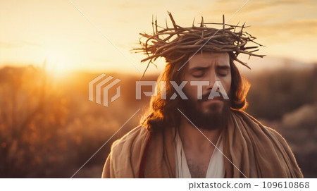 Jesus in Crown of Thorns with Cross at Sunset. Generative ai Jesus in Crown of Thorns with Cross at Sunset. Generative ai 109610868
