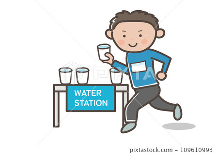 馬拉鬆比賽期間一名男子在水站取水的插圖 109610993
