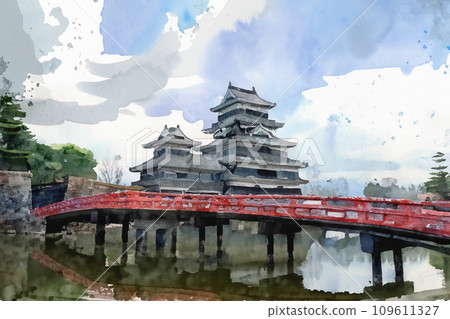 Watercolor painting of castle (Matsumoto Castle) (AI generated image) 109611327