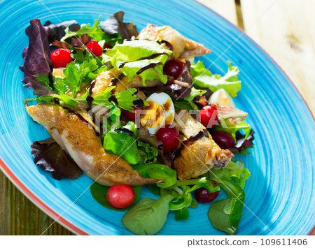 Salad with quail, berries and sauce Salad with quail, berries and sauce 109611406