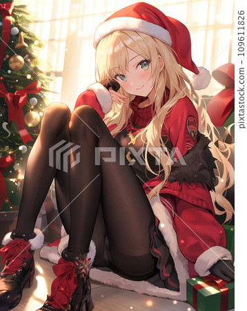 Woman sitting in santa costume Woman sitting in santa costume 109611826