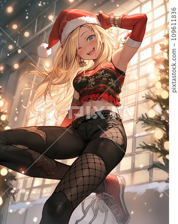 Woman sitting in santa costume Woman sitting in santa costume 109611836