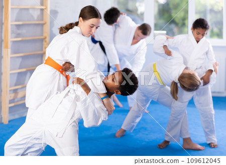 Boy and girl training judo technique 109612045