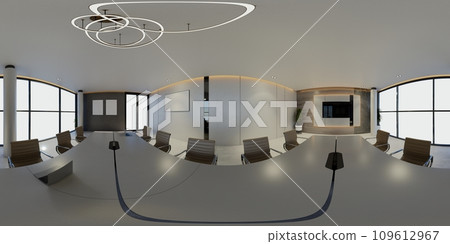3D illustration of a 360 degrees rendering. It showcases modern conference interiors with screens on the walls, representing the concept of a workplace and enterprise. 3D illustration of a 360 degrees rendering. It showcases modern conference interiors with screens on the walls, representing the concept of a workplace and enterprise. 109612967