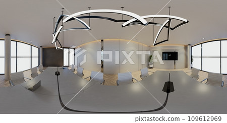 3D illustration of a 360 degrees rendering. It showcases modern conference interiors with screens on the walls, representing the concept of a workplace and enterprise. 109612969