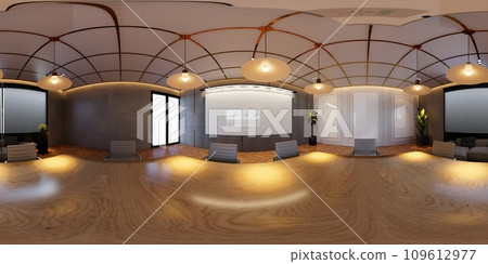 3D illustration of a 360 degrees rendering. It showcases modern conference interiors with screens on the walls, representing the concept of a workplace and enterprise. 109612977