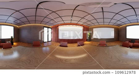 3D illustration of a 360 degrees rendering. It showcases modern conference interiors with screens on the walls, representing the concept of a workplace and enterprise. 109612978