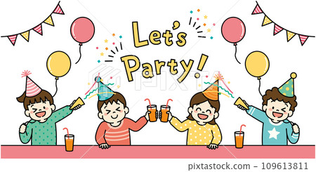 孩子們享受派對、氣球、花圈的插圖 109613811