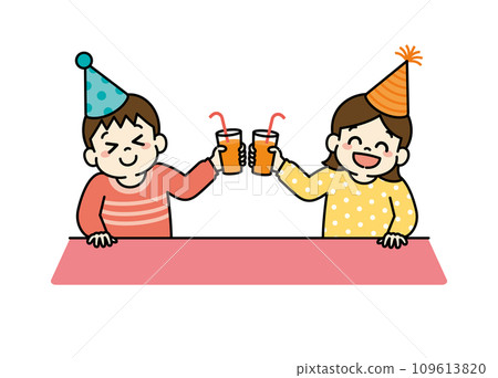 Illustration of children toasting with orange juice at a party 109613820