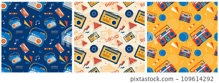 Set of Radio Seamless Pattern Illustration Design with Player for Record and Listening to Music in Flat Cartoon Template 109614292