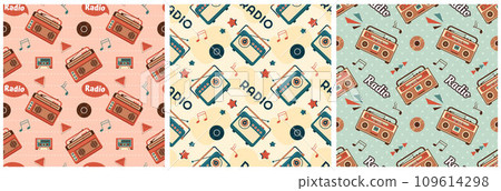 Set of Radio Seamless Pattern Illustration Design with Player for Record and Listening to Music in Flat Cartoon Template Set of Radio Seamless Pattern Illustration Design with Player for Record and Listening to Music in Flat Cartoon Template 109614298