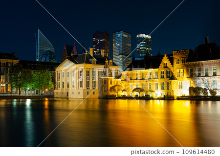Nightfall in The Hague, Netherlands with sparkling city lights in the dark 109614480