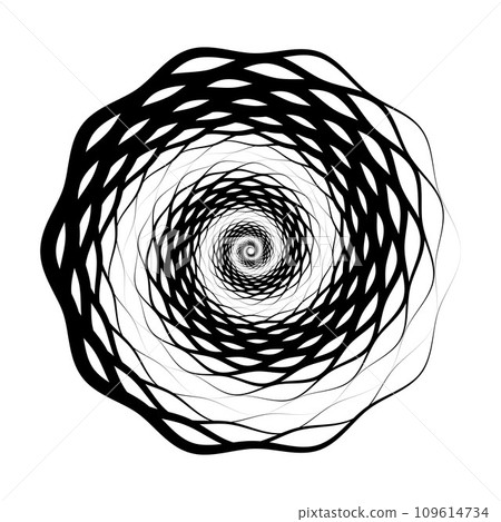 Abstract radial pattern. Circular geometric spiral shape. Round decorative shell concept. Black design element for logo, label, tag, emblem, poster, banner, icon, presentation. Vector illustration 109614734