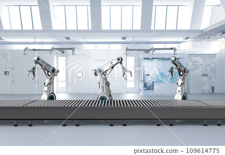 Automation industry concept with robot assembly line in factory Automation industry concept with robot assembly line in factory 109614775