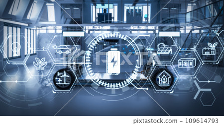 Electric car research and development with ev car with pack of battery cells module on platform in laboratory 109614793