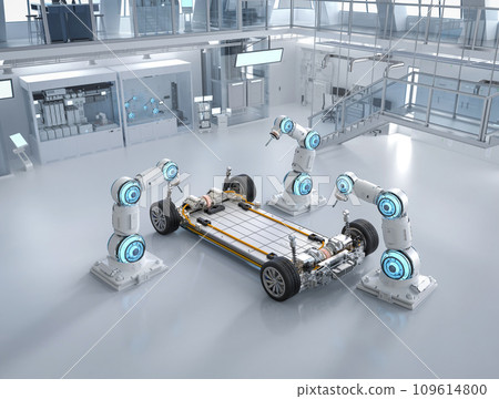 Automation automobile factory concept with robot assembly line with electric car battery cells module on platform 109614800