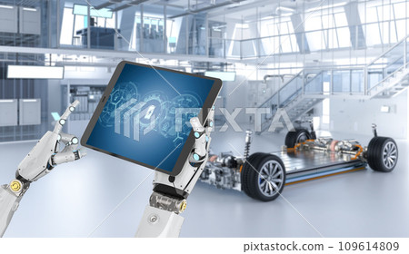 Electric car research and development with robot study battery cells module on platform Electric car research and development with robot study battery cells module on platform 109614809