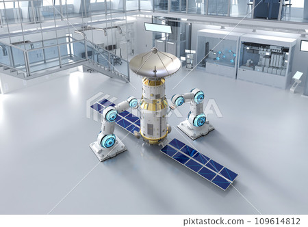 Telecommunication technology with robotic arm manufacturing satellite dish Telecommunication technology with robotic arm manufacturing satellite dish 109614812