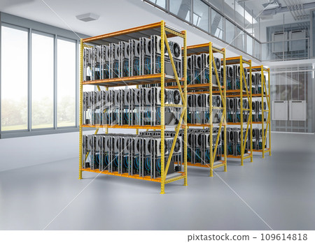 Mining farm with graphic card or gpu rack in warehouse 109614818