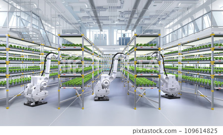 Agriculture technology concept with robotic arm spray fertilizer on plants in greenhouse 109614825