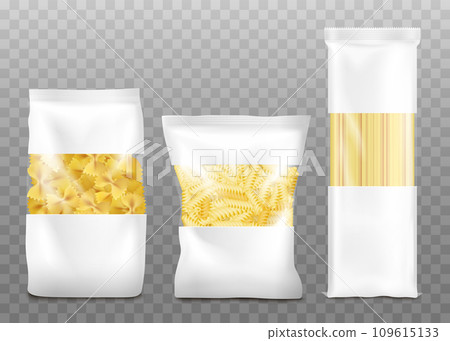 Mockup of three kinds of pasta bags realistic vector illustration isolated. 109615133
