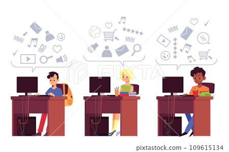 Concept of online learning for children and teens of different races, kids study with computer. Concept of online learning for children and teens of different races, kids study with computer. 109615134