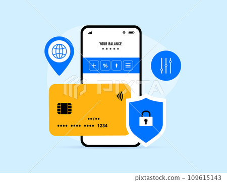 Neobank fintech concept - finance technology, internet banking, investments, personal finance, blockchain, RegTech in one mobile app. Neobank vector illustration isolated on blue background with icons 109615143