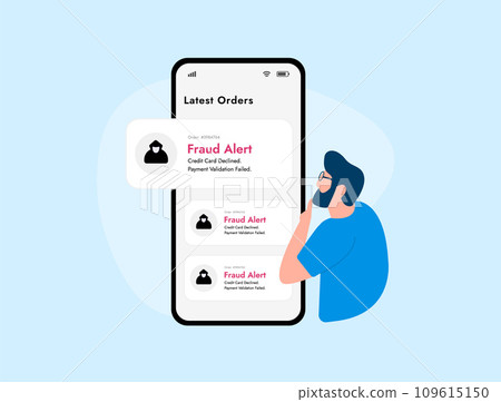 Mobile Fraud Alert - Online e-commerce shopping scam, warning of fraudulent card payment. Credit card declined concept. Hacker stealing money from smartphone payment app. Fraud alert notification Mobile Fraud Alert - Online e-commerce shopping scam, warning of fraudulent card payment. Credit card declined concept. Hacker stealing money from smartphone payment app. Fraud alert notification 109615150