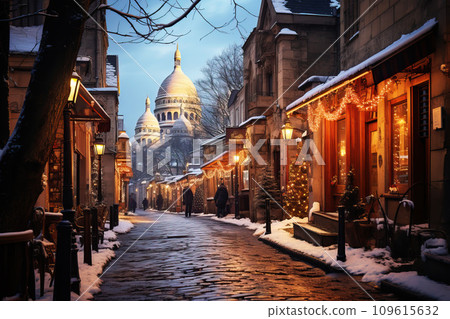 Winter cityscape snow covered streets of Paris lined with historical buildings adorned with festive lights and decorations 109615632