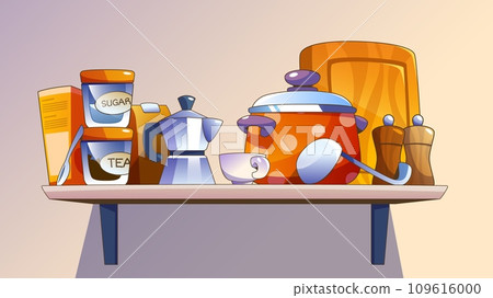 Kitchen shelf with cooking equipment Kitchen shelf with cooking equipment 109616000