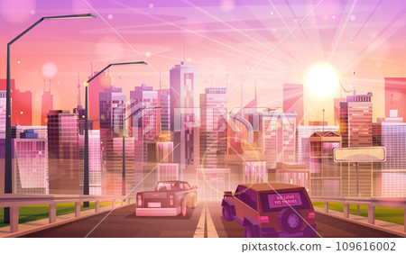 Road leads to downtown area at sunset Road leads to downtown area at sunset 109616002