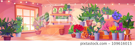 Flower shop interior with plants in pot and vase 109616015